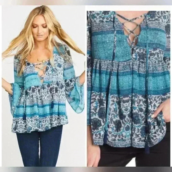 Show Me Your MuMu Poet Tie Tassel Floral Boho Blue Blouse Size Medium - Picture 4 of 13